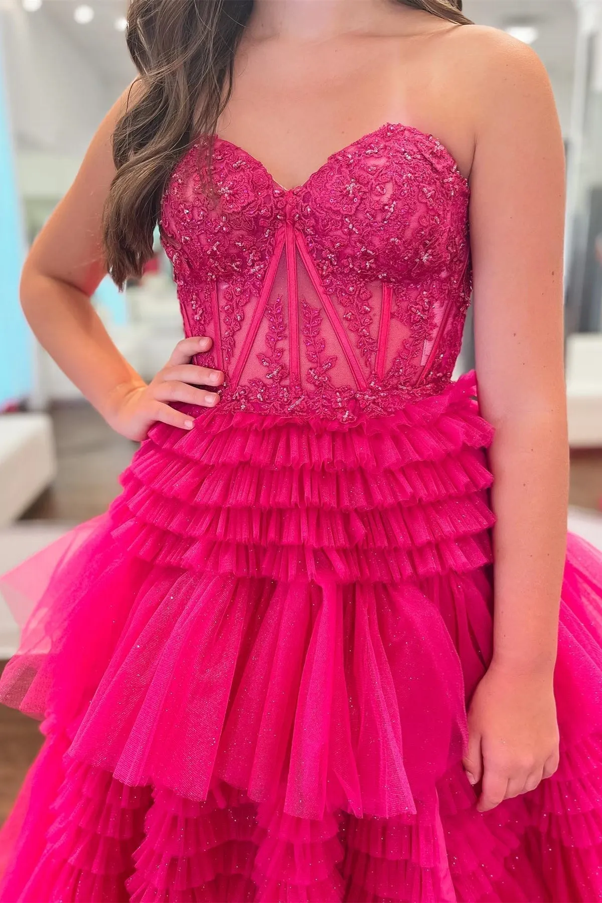 Adelyn |Fuchsia A-Line Sweetheart Tiered Tulle Prom Dress