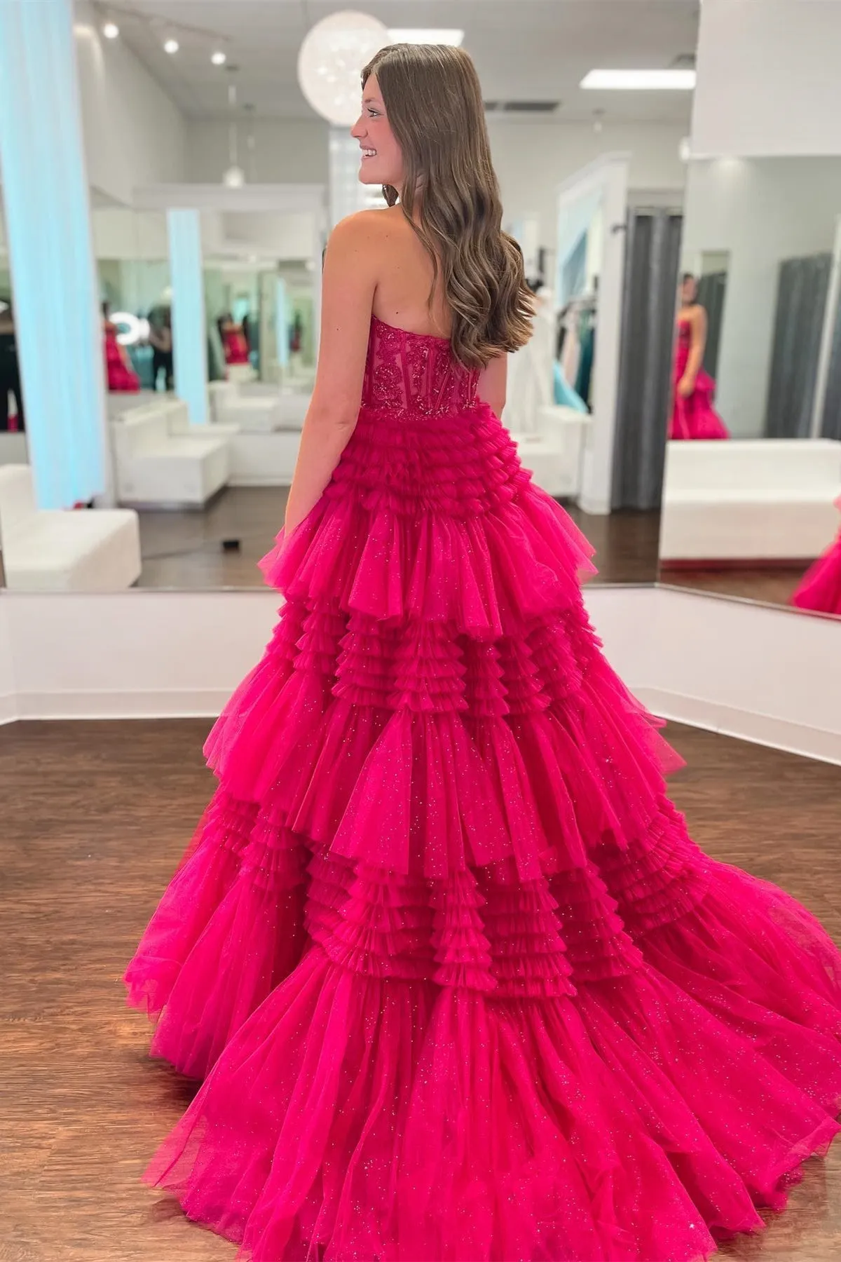 Adelyn |Fuchsia A-Line Sweetheart Tiered Tulle Prom Dress