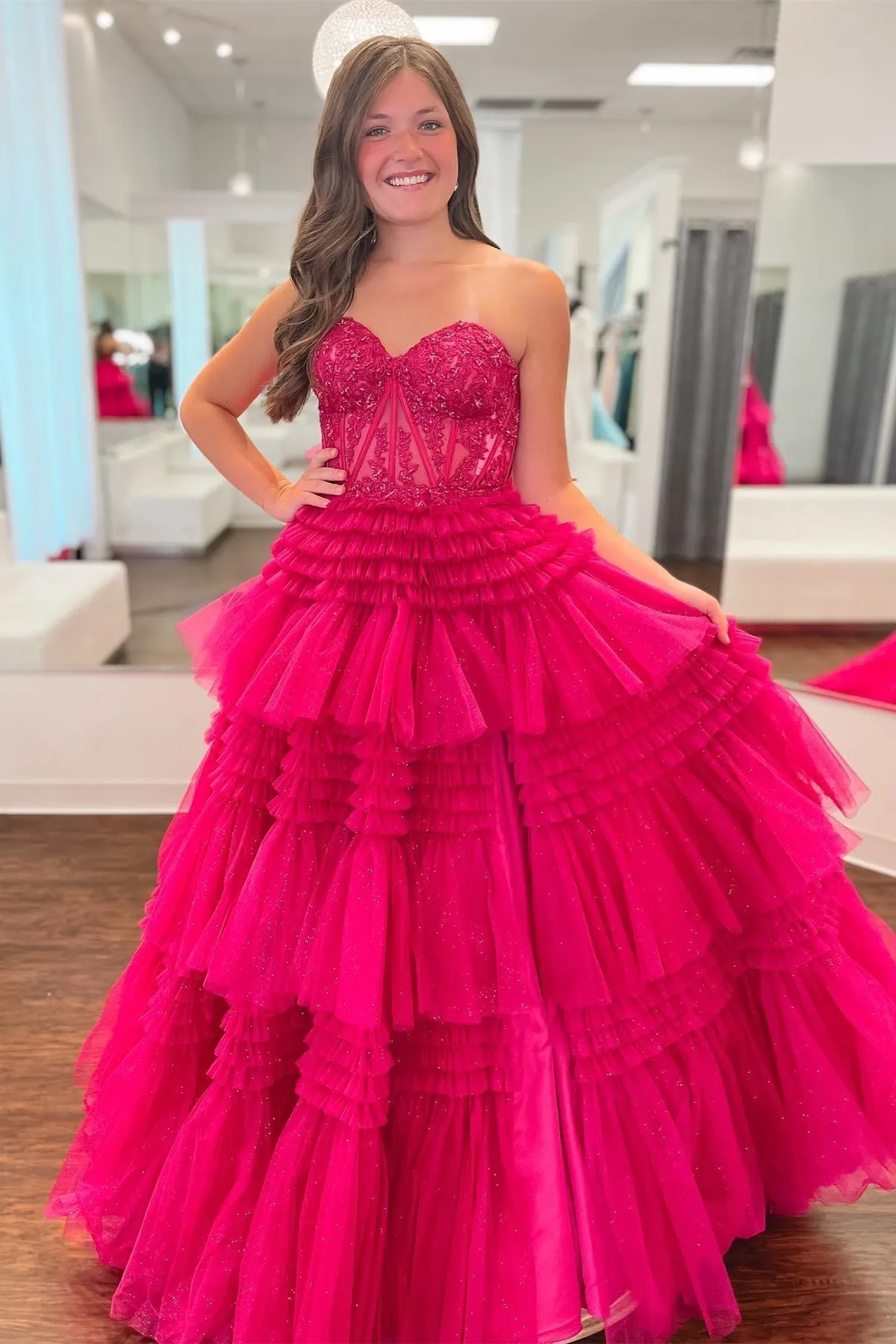 Adelyn |Fuchsia A-Line Sweetheart Tiered Tulle Prom Dress