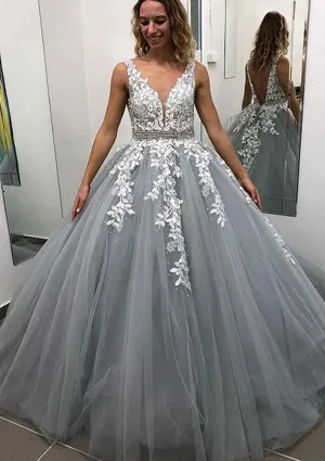 Adley | Ball Gown Sleeveless Long/Floor-Length Tulle Prom Dress With Lace Appliqued Beading