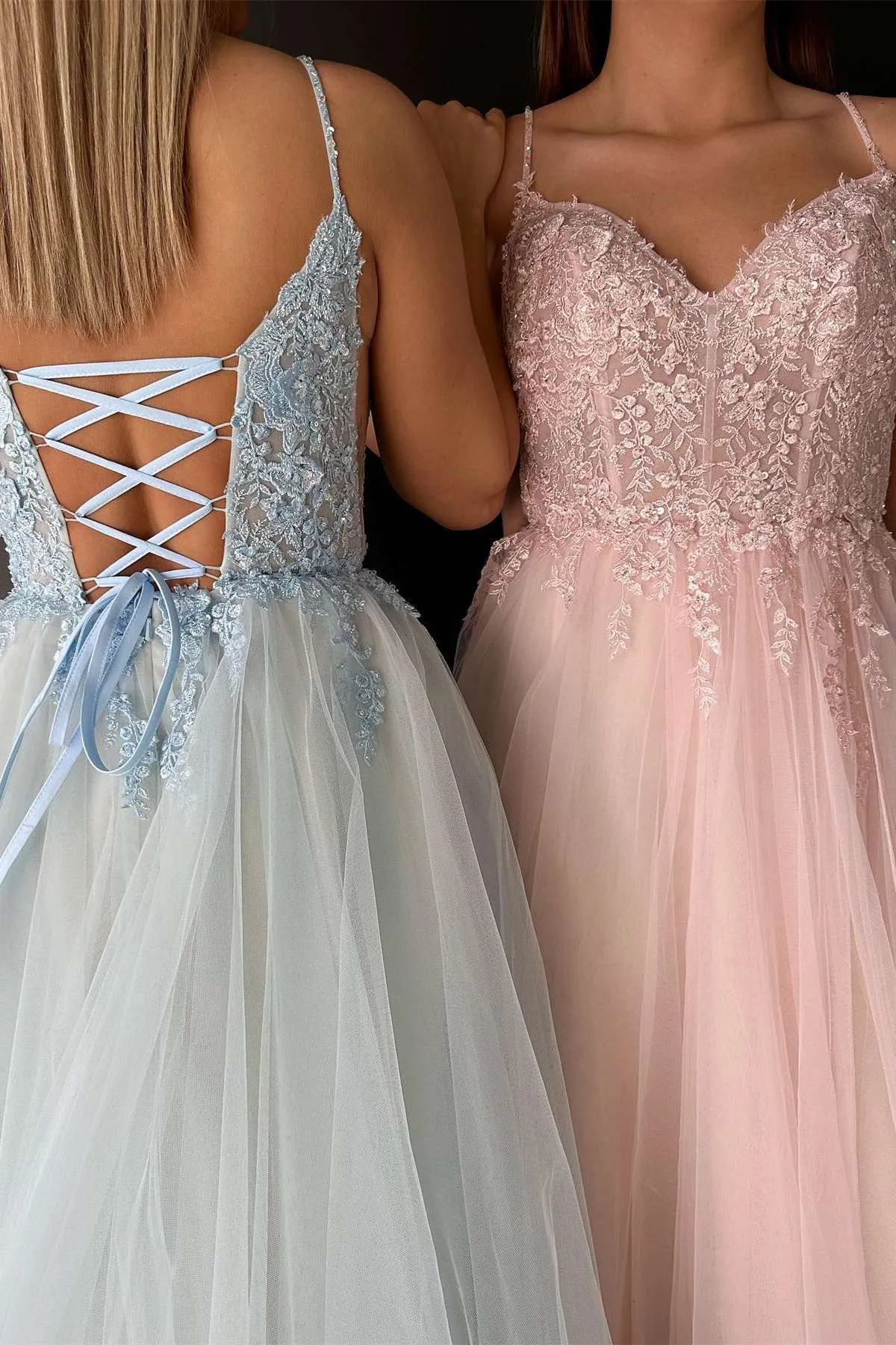 Aileen | V-Neck Lace-Up Appliques Tulle A-Line Prom Dress