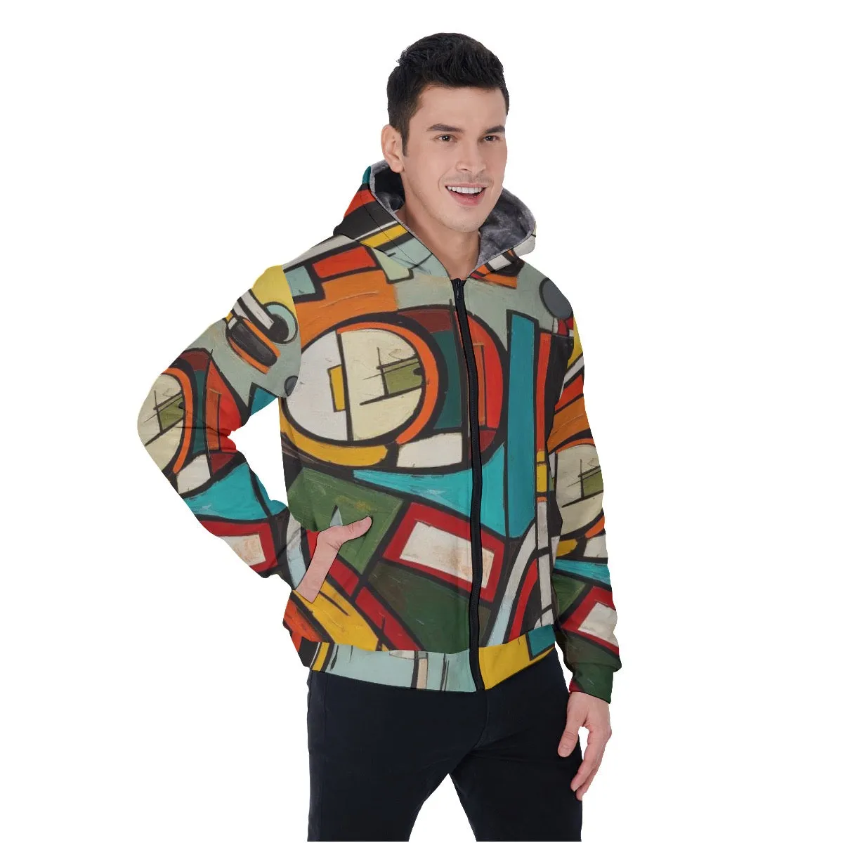 All-Over Print Men's Sherpa Fleece Zip Up Hoodie, multicolored, abstract, motorcycle print, #25F