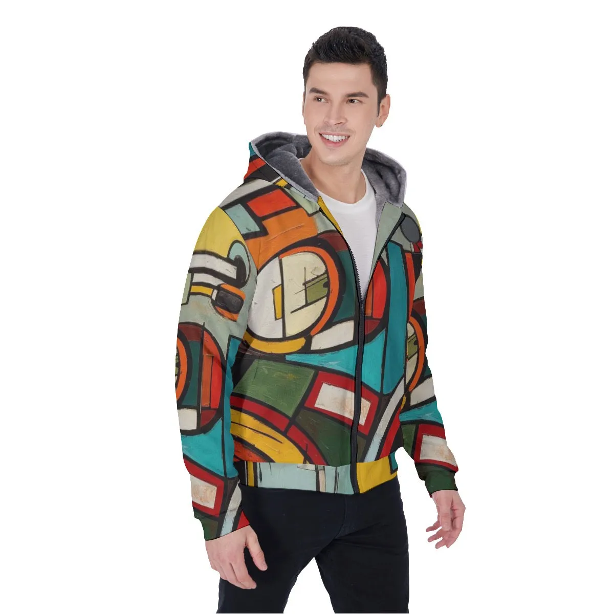 All-Over Print Men's Sherpa Fleece Zip Up Hoodie, multicolored, abstract, motorcycle print, #25F