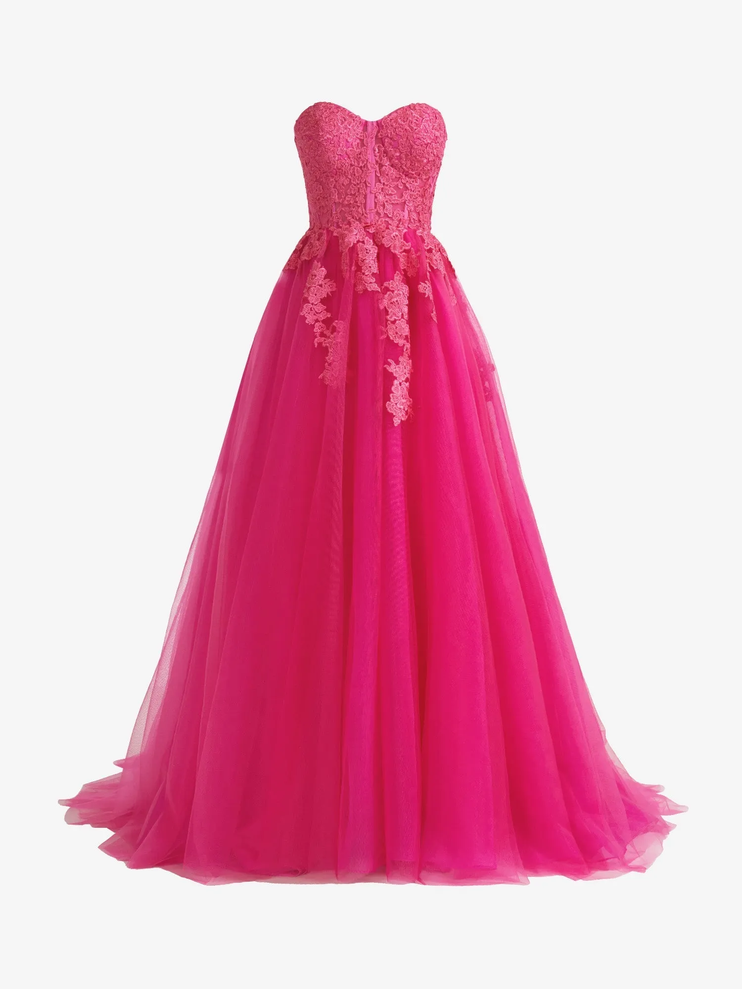 Amora | Hot Pink A-Line Tulle Lace Strapless Long Prom Dress