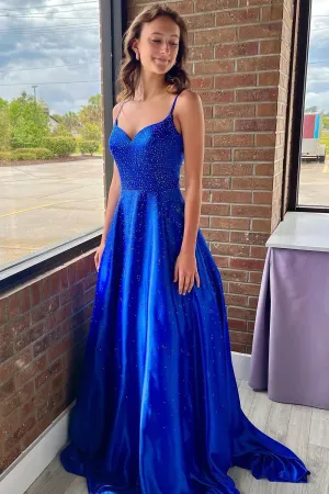 Athena | A-Line Spaghetti Straps Royal Blue Long Prom Dress with Beading