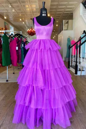 Beth | A-Line Crew Neck Lilac Tiered Tulle Long Formal Dress