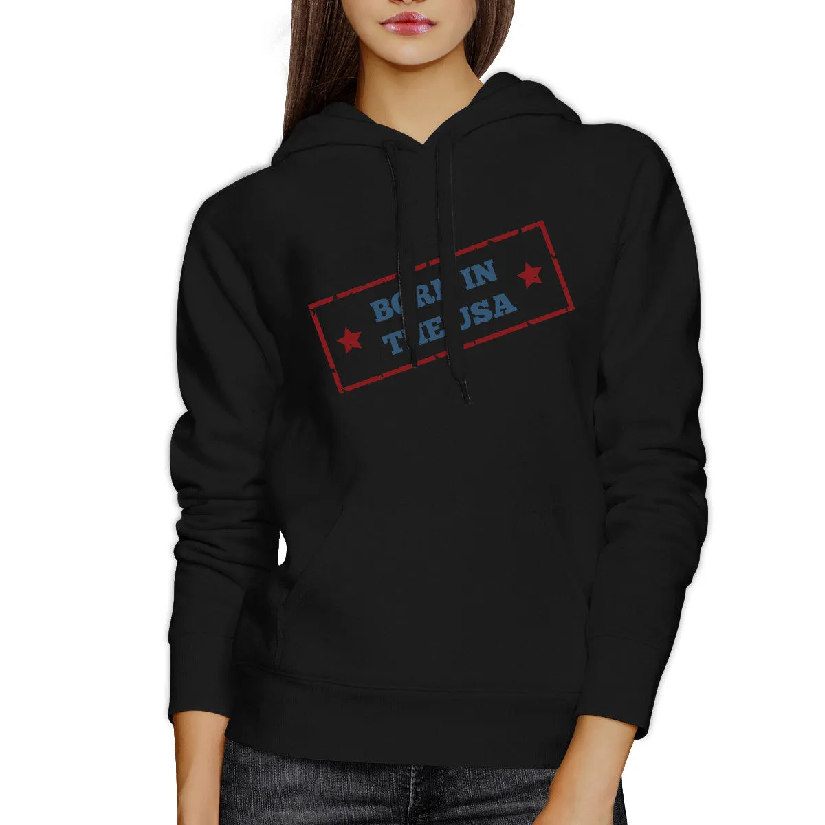 Born In The USA Unisex Graphic Hoodie Black Round Neck Pullover Top