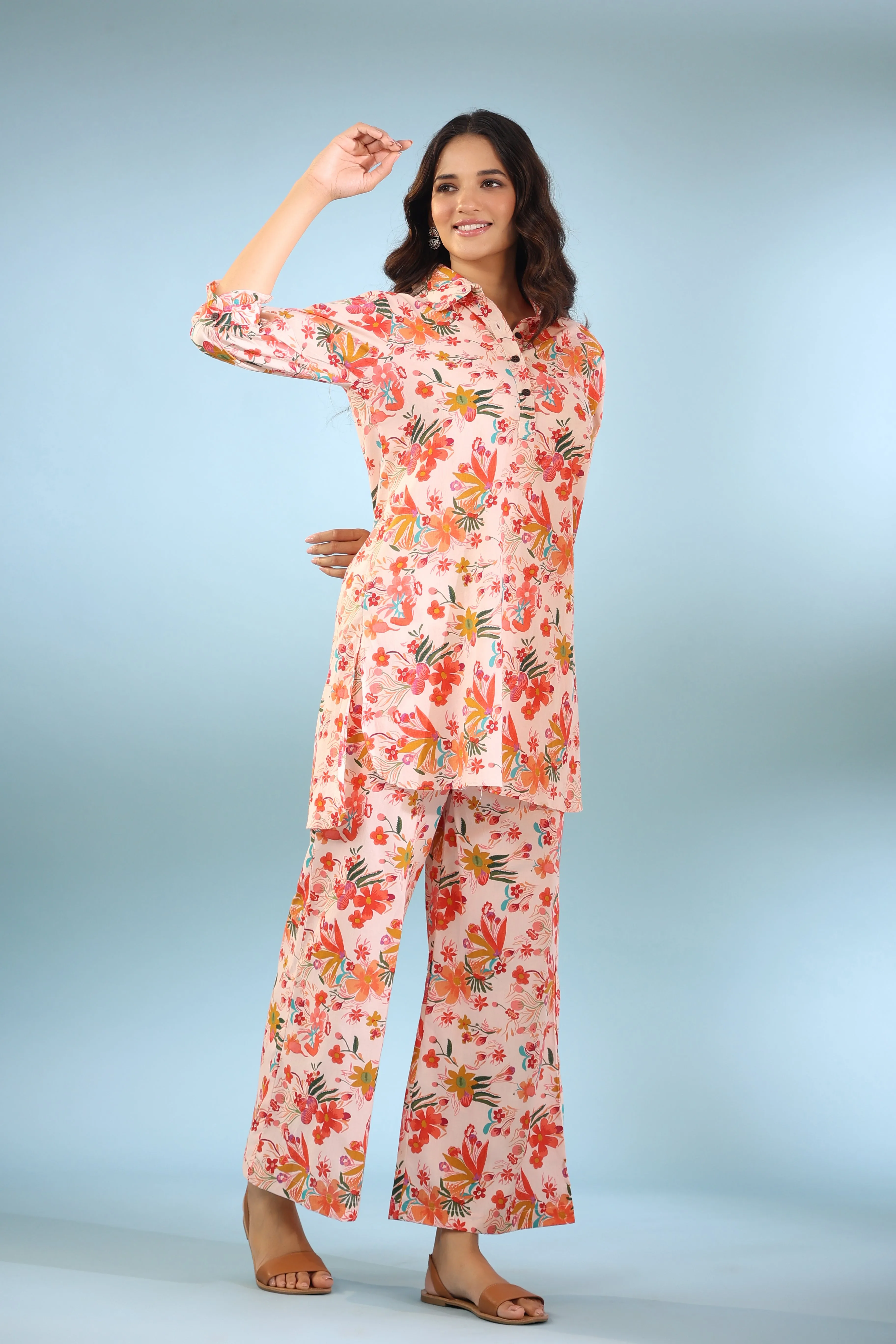 Bouquet on Collared Cotton Palazzo Loungewear Set