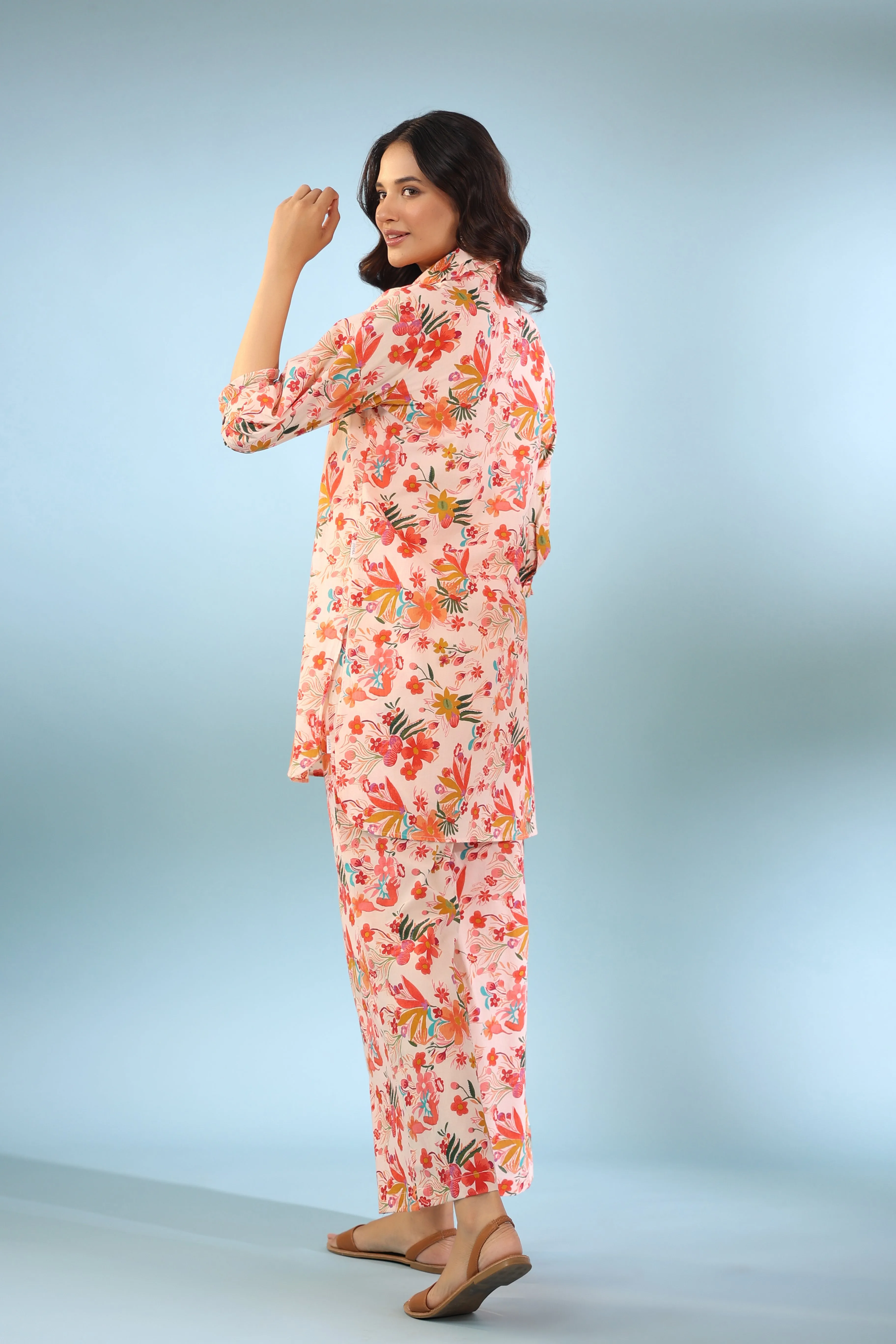 Bouquet on Collared Cotton Palazzo Loungewear Set