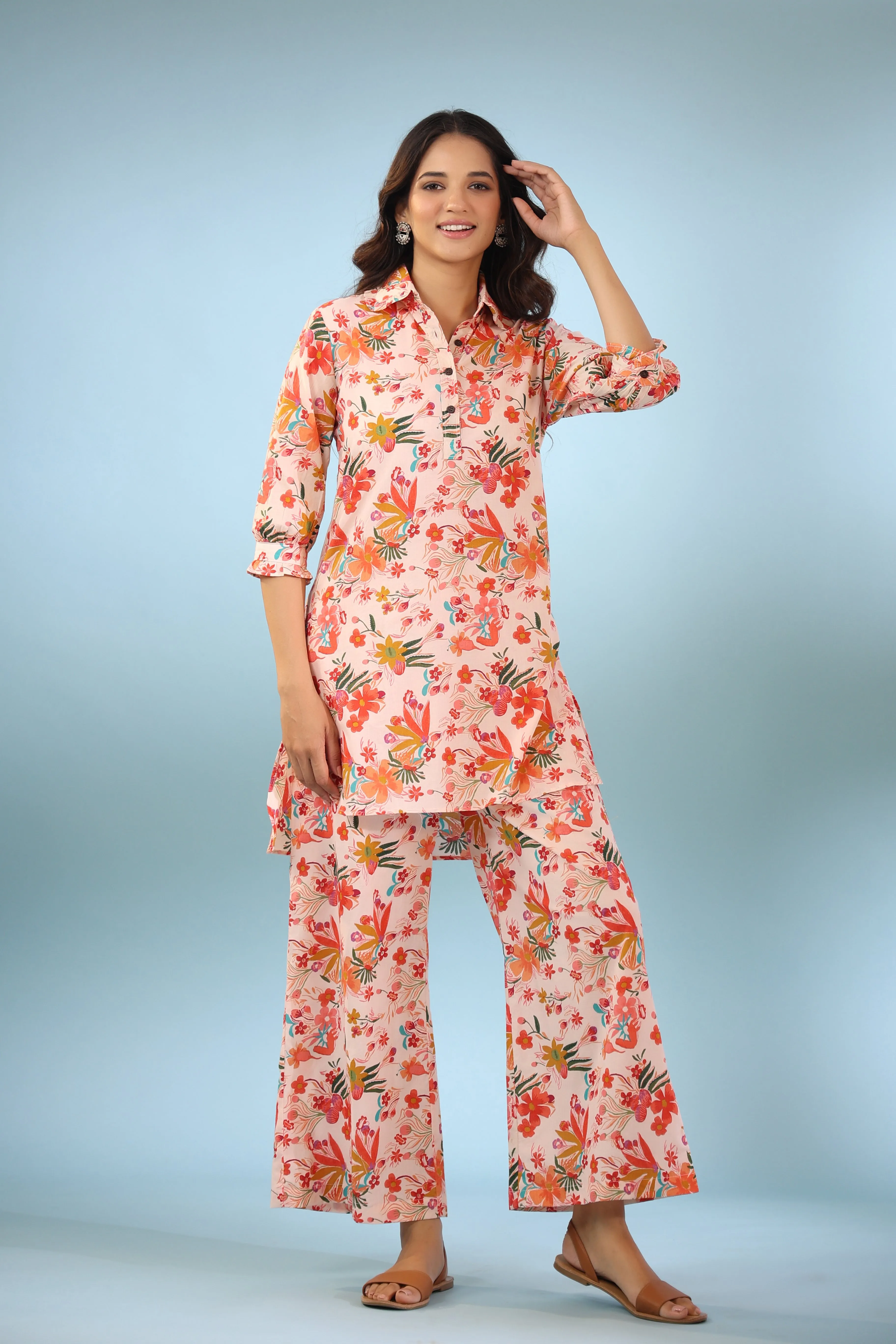 Bouquet on Collared Cotton Palazzo Loungewear Set