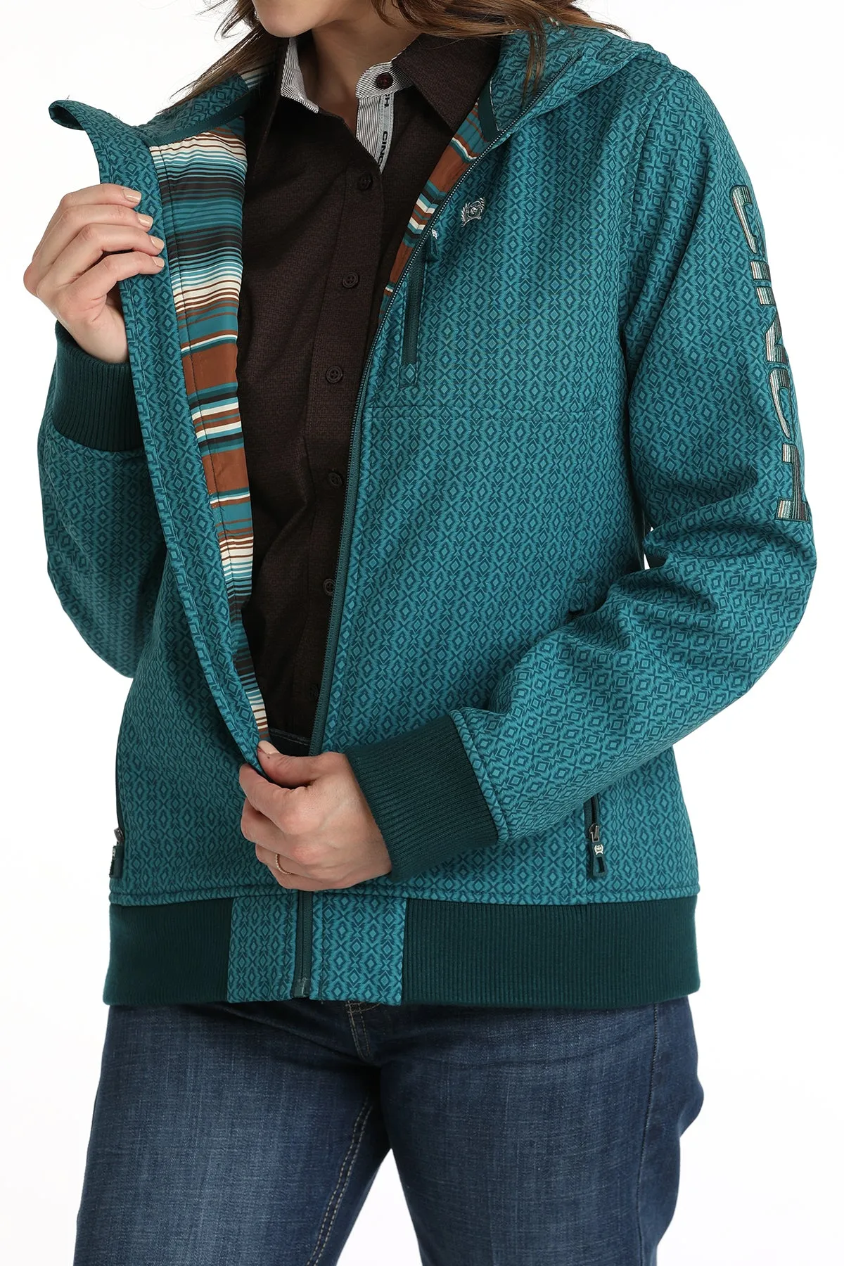 Cinch Women's Teal Southwest Print Bonded Hooded Jacket