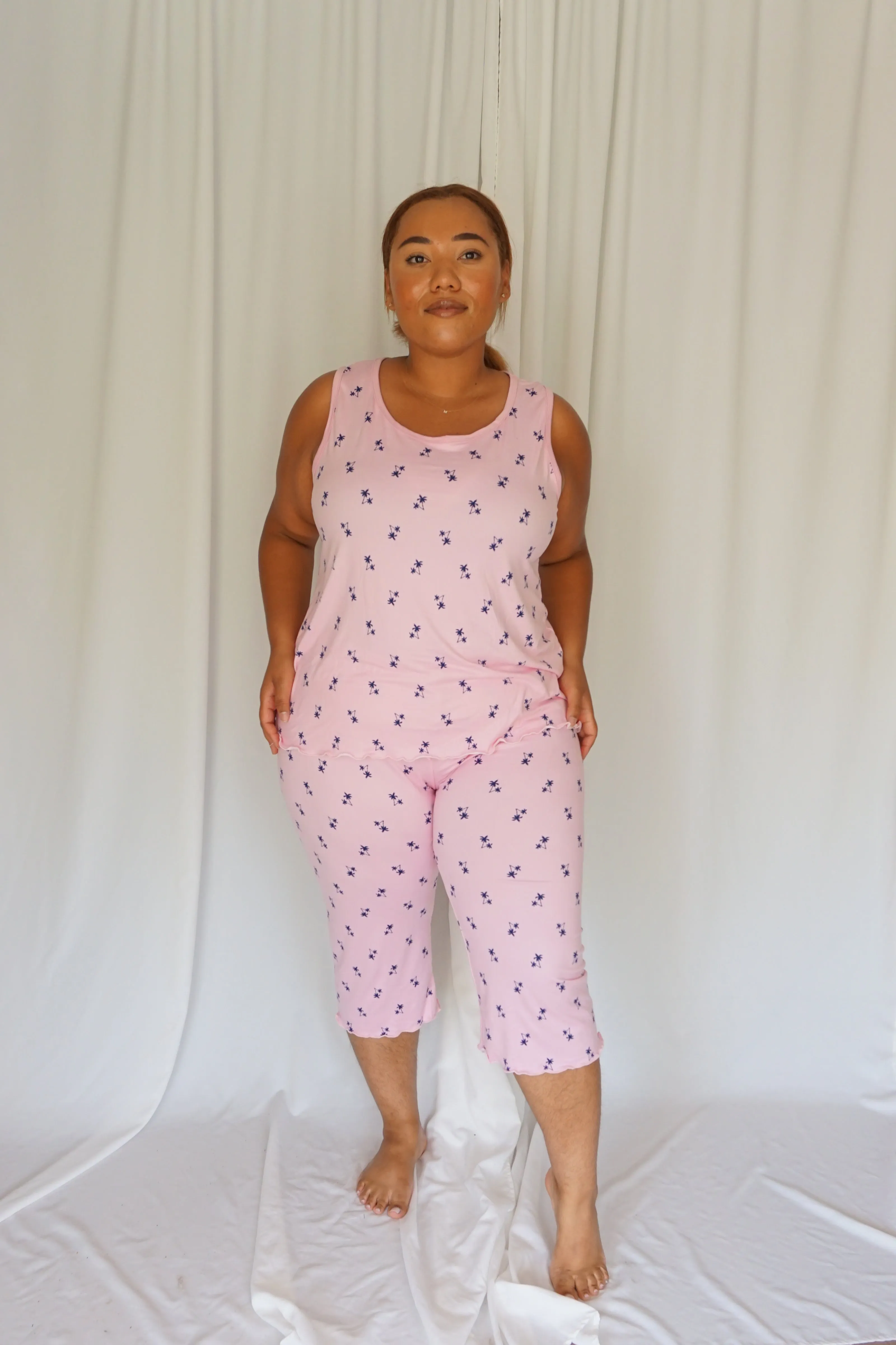 Cozy Pink Palm Pajama Capris Set