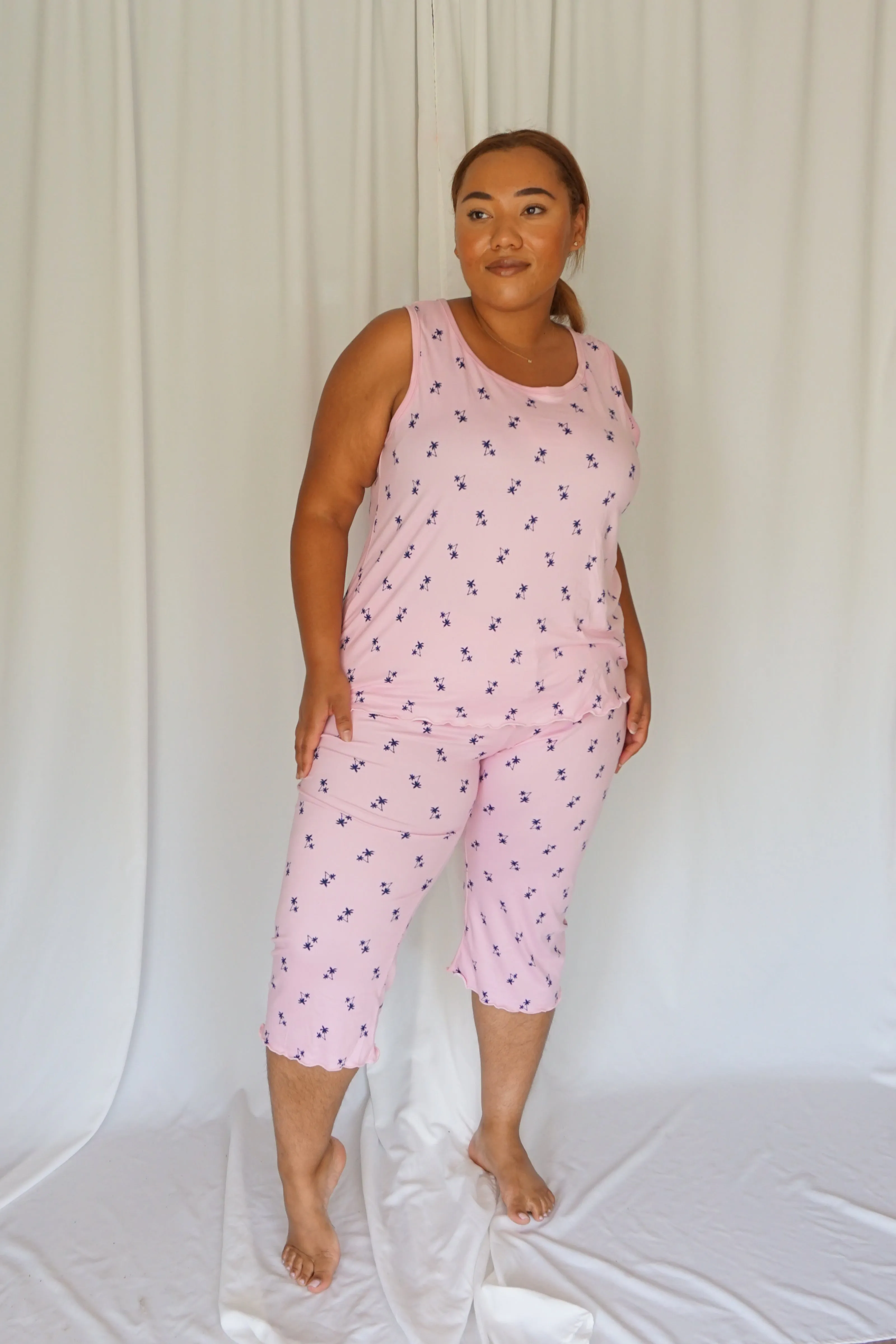 Cozy Pink Palm Pajama Capris Set