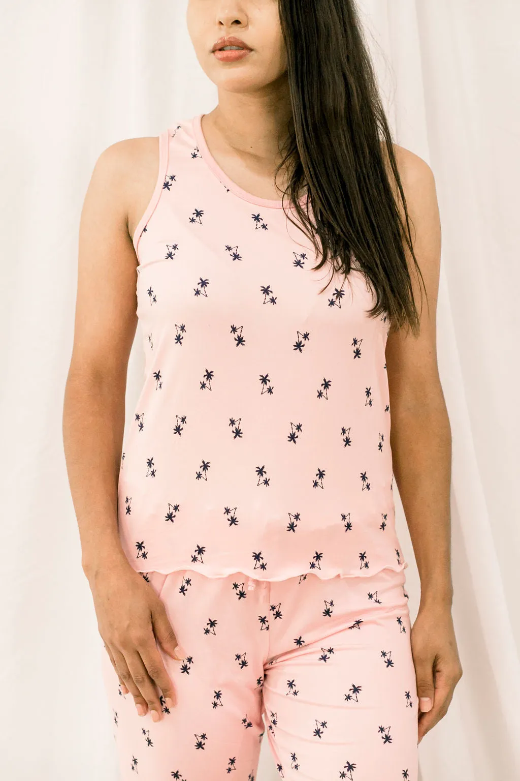 Cozy Pink Palm Pajama Capris Set