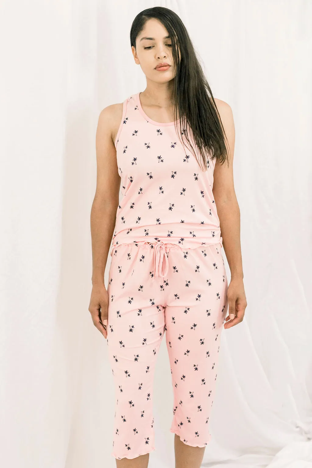 Cozy Pink Palm Pajama Capris Set