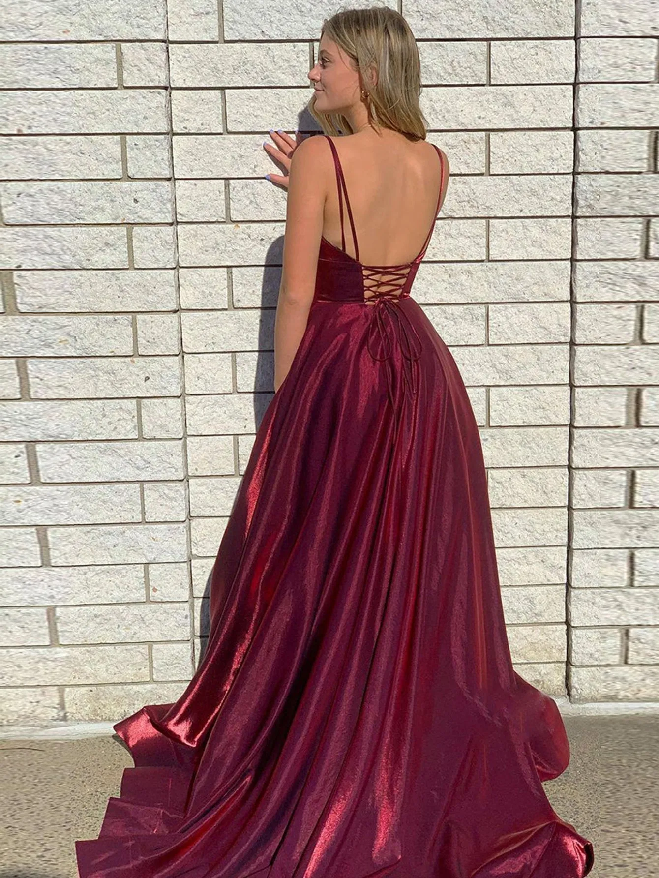 DarkRed Satin A Line Tight Long Prom Dress With Slit