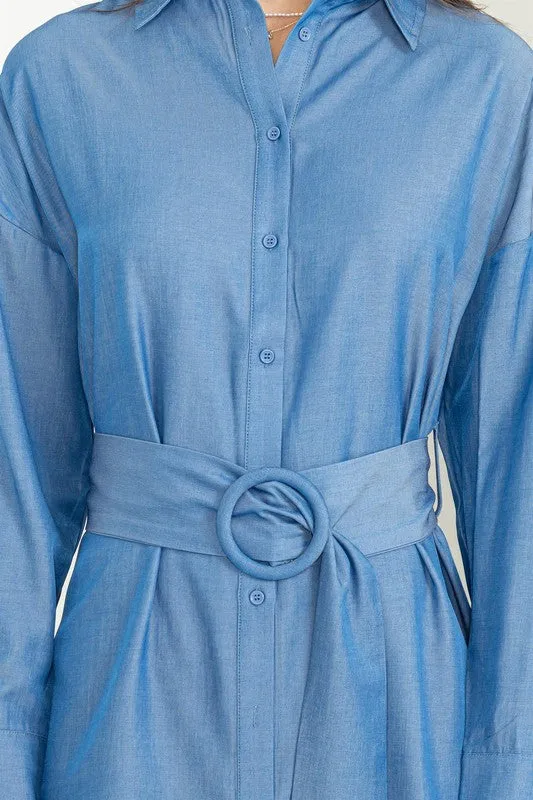 Denim Easy Win Button-Up Belted Shirt Dress