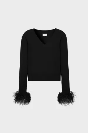 Feather Cuff V-Neck Sweater