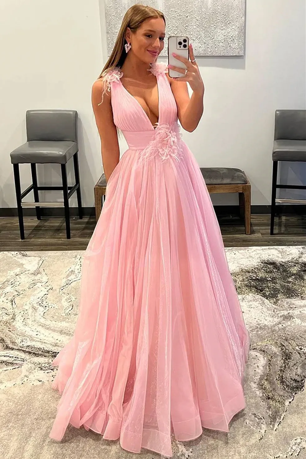 Feathers Backlesss Pink Plunging V-Neck Tulle Long Formal Dress