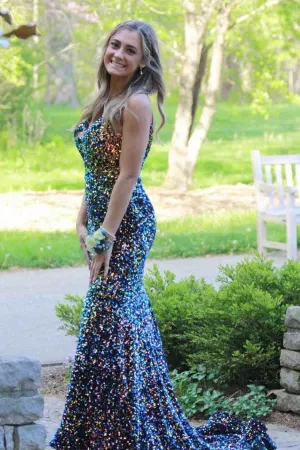 Glitter Navy Blue Sequined Mermaid Prom Dress