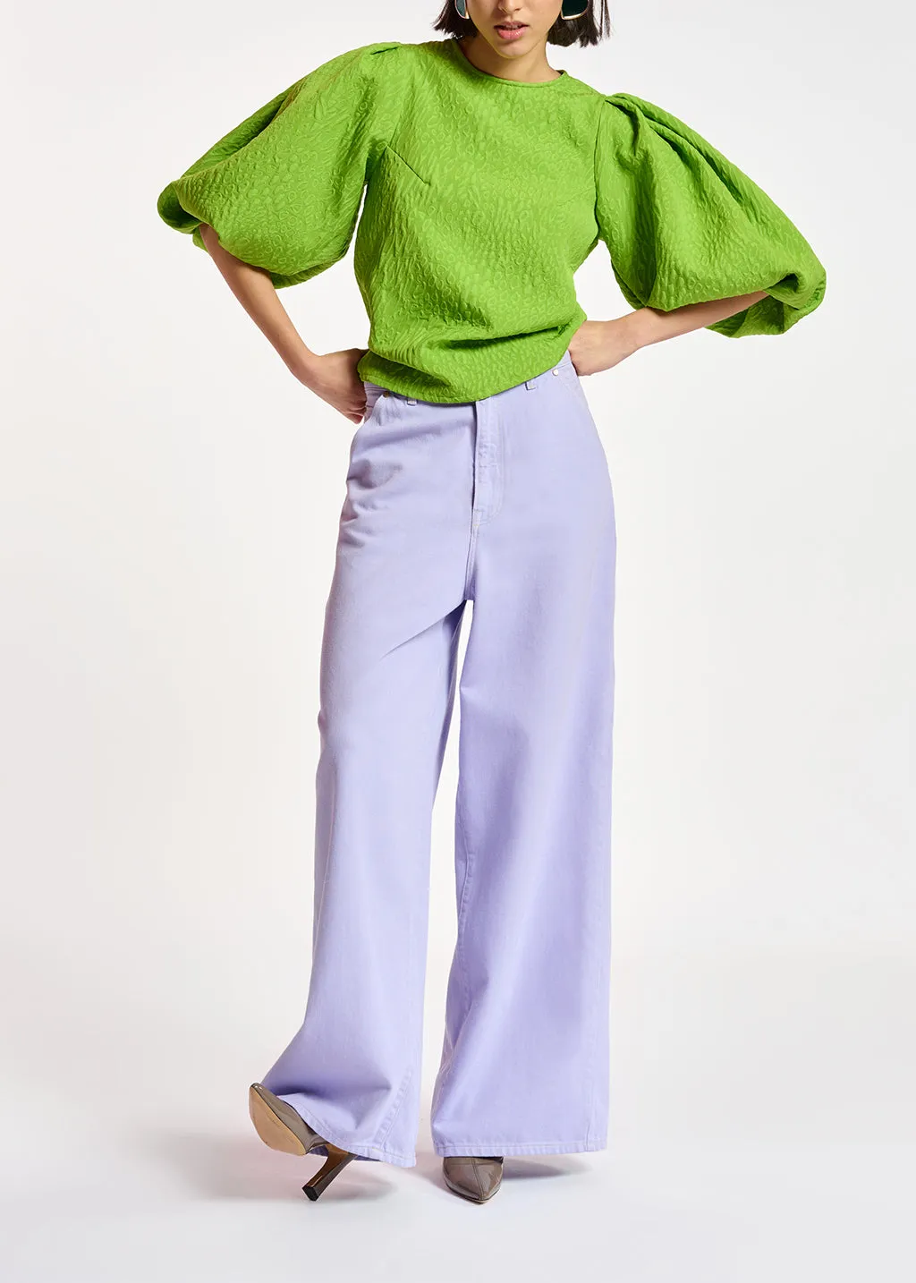 Green jacquard top with puffed sleeves