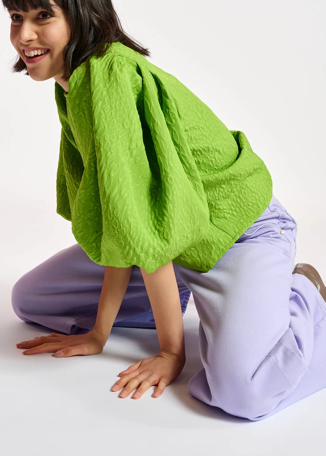 Green jacquard top with puffed sleeves