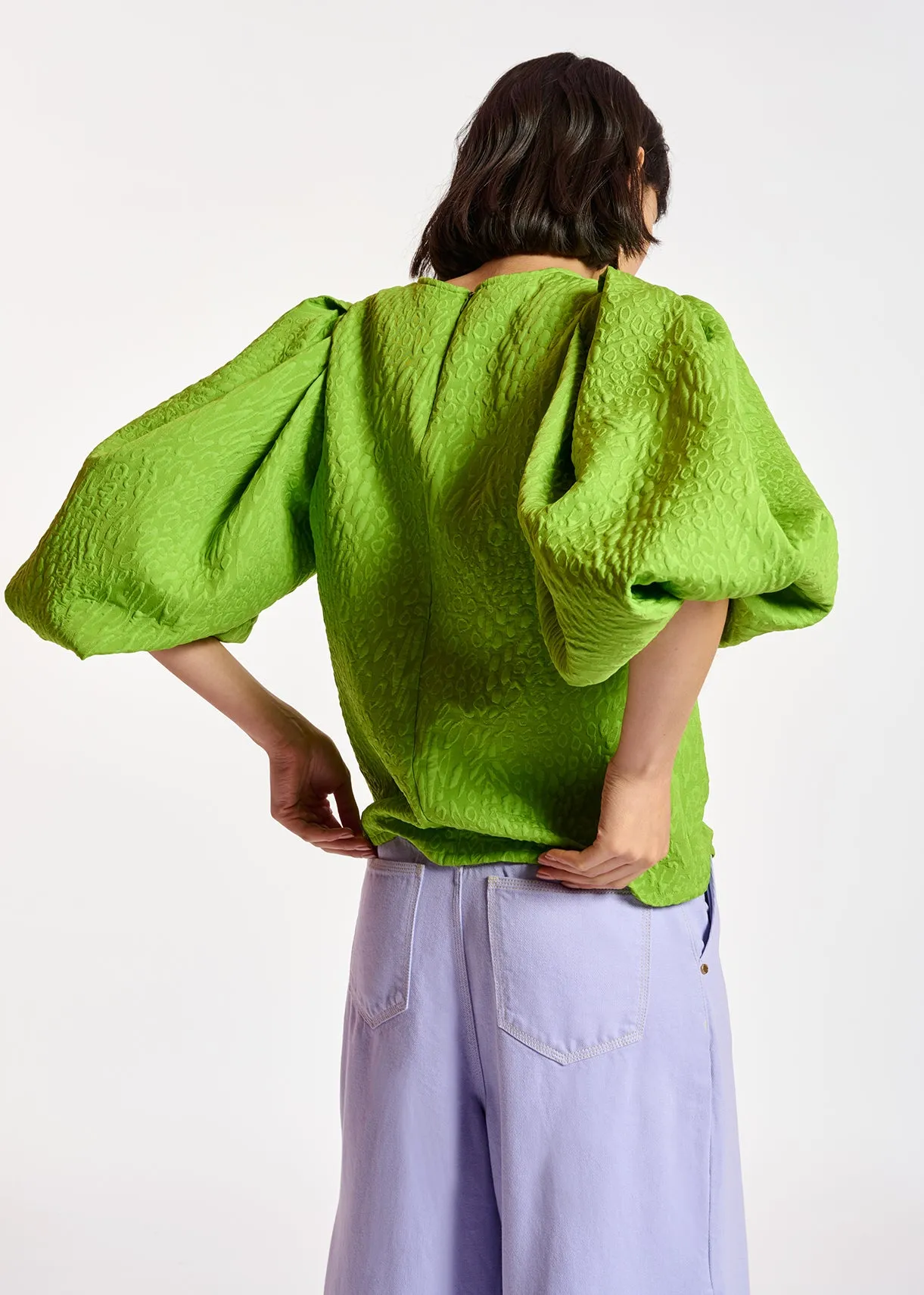 Green jacquard top with puffed sleeves