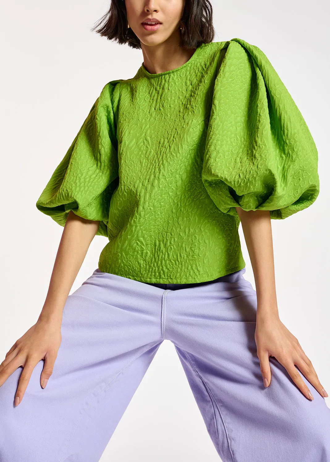 Green jacquard top with puffed sleeves