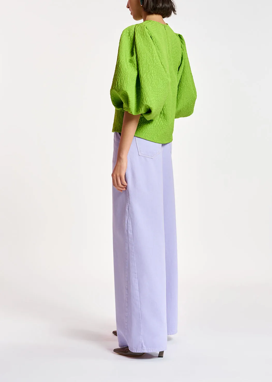 Green jacquard top with puffed sleeves