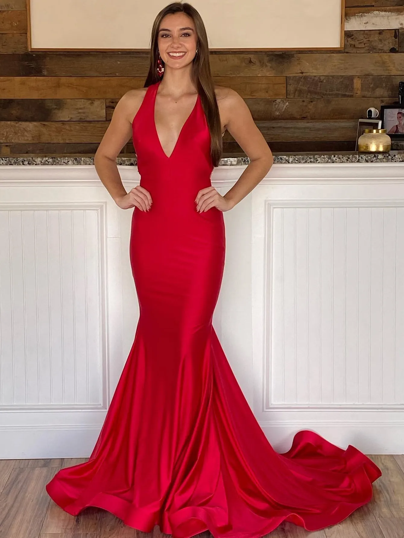 Halter Deep V Neck Red Long Bodycon Prom Dress