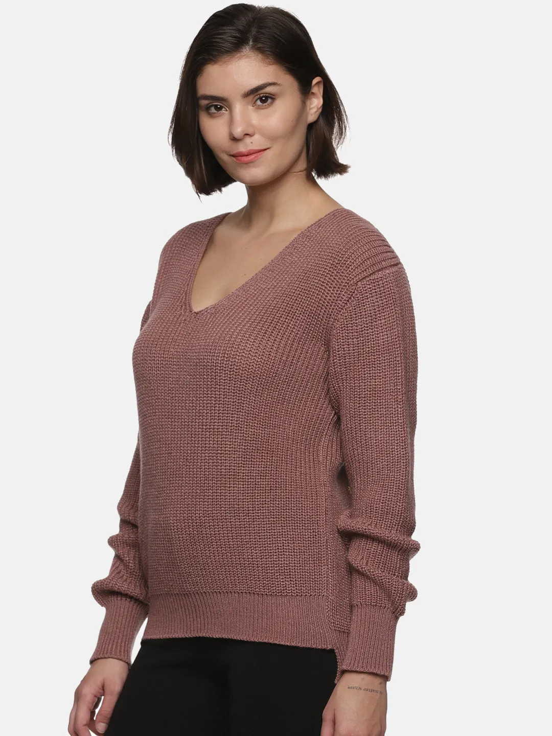 IS.U Light Brown Knitted V-neck Sweater