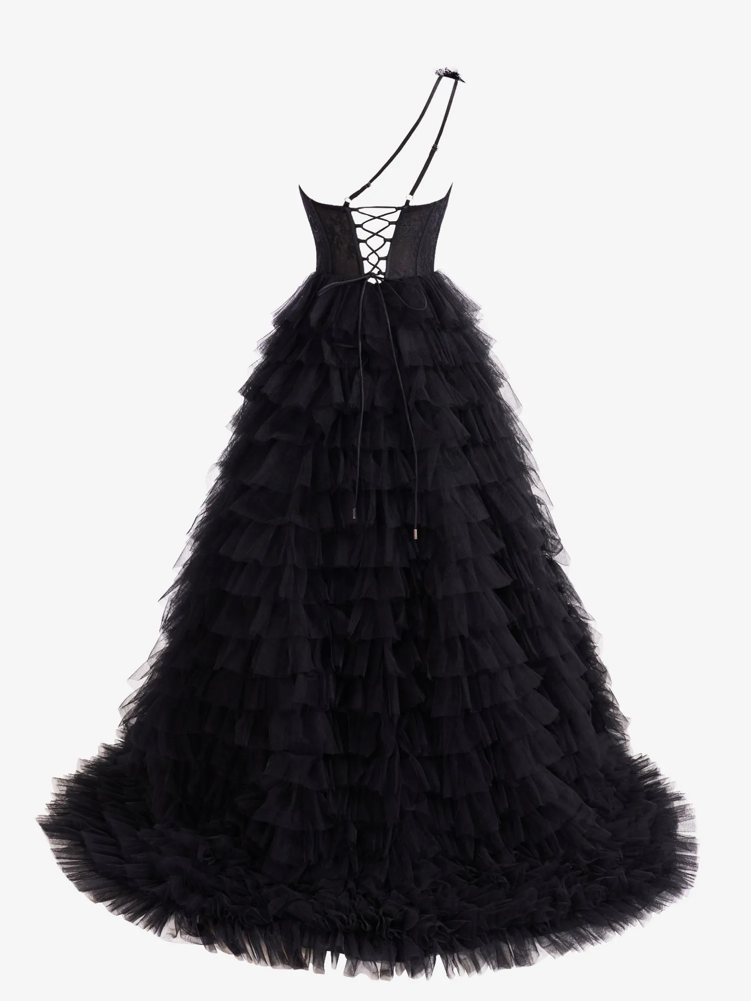 Kinsley | Black A Line One Shoulder Tiered Long Prom Dress