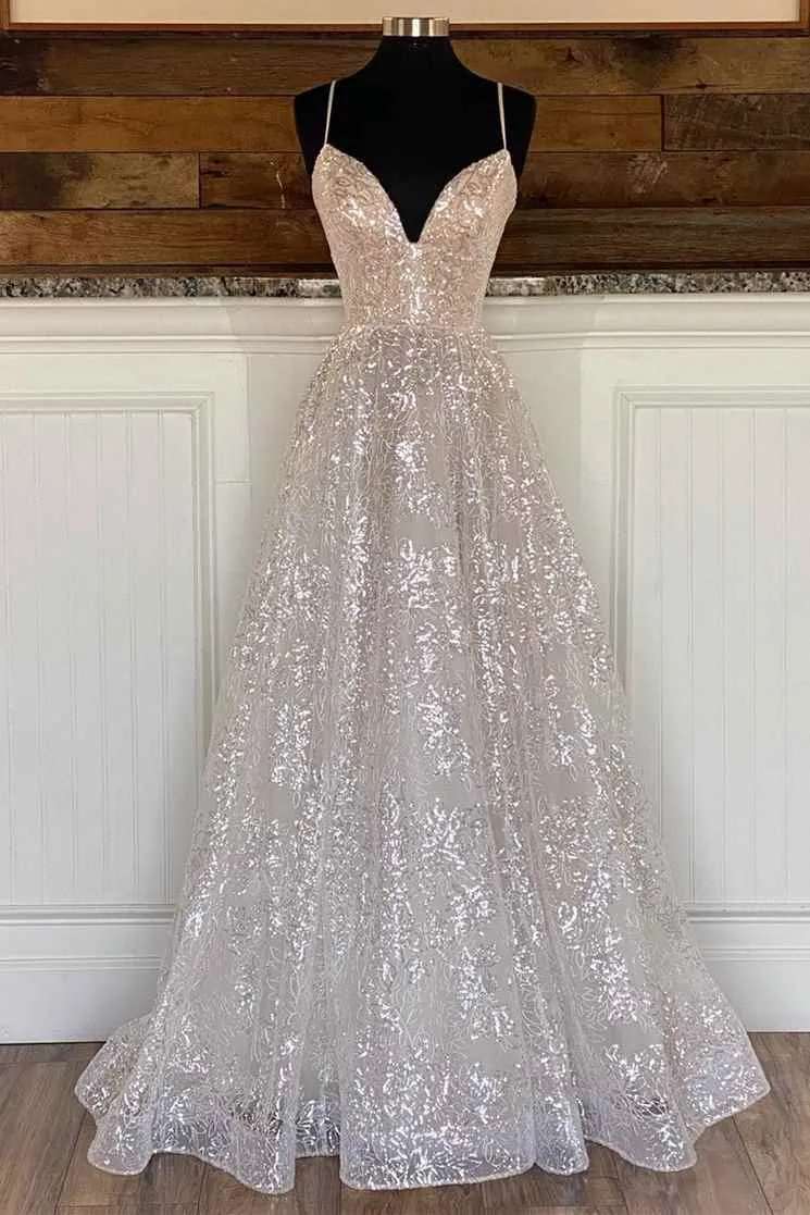 Light Champagne Sequin Lace A-Line Prom Dress