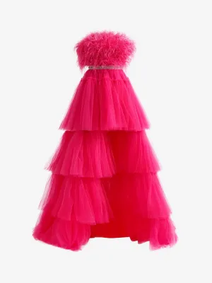 Marie| Fuchsia A-line High-Low Strapless Ruffled Tulle Prom Dress with Feathers