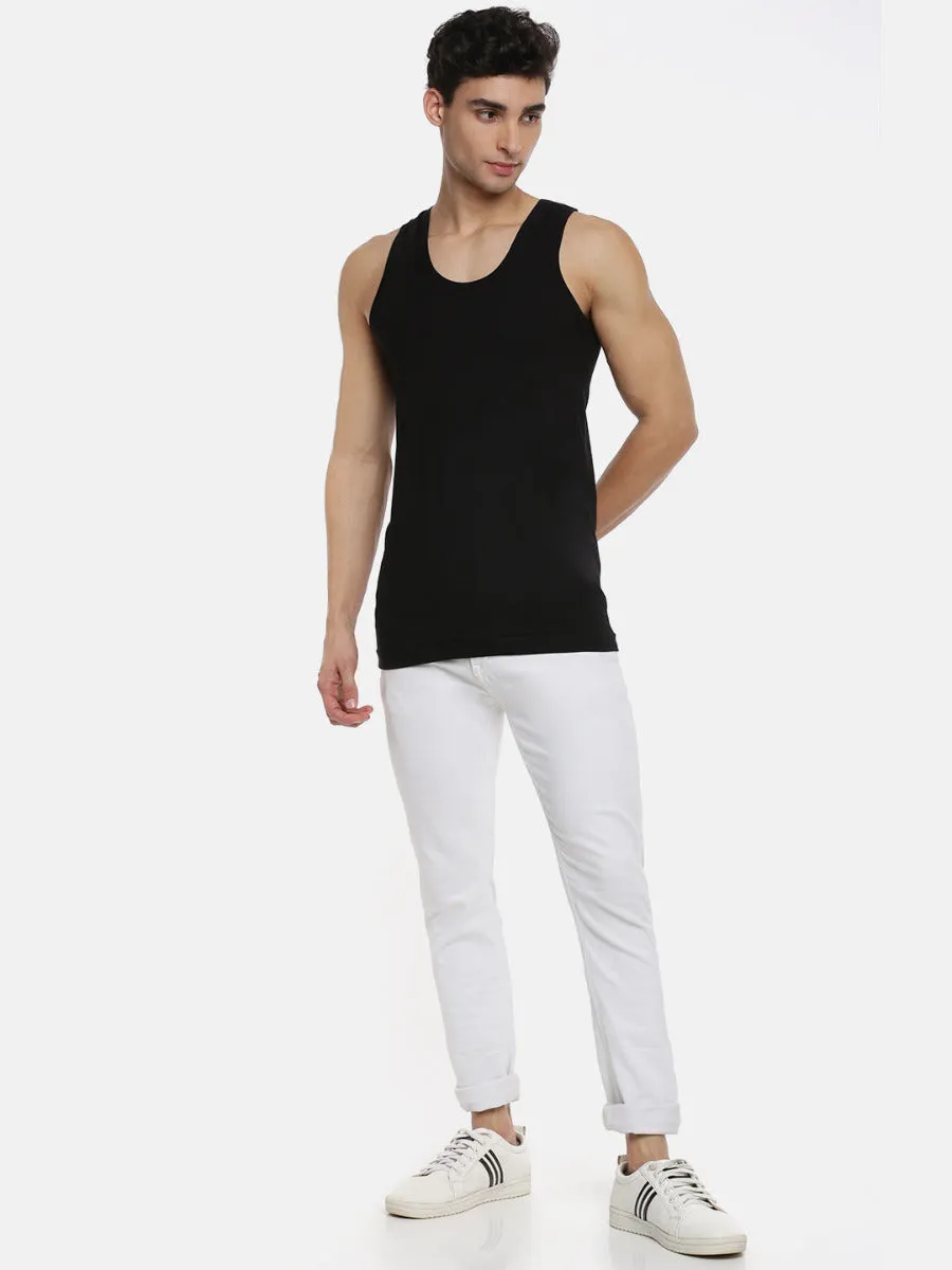 Men Fine Cotton Vest Black Color Banian RN Sukra (2 PCs Pack)