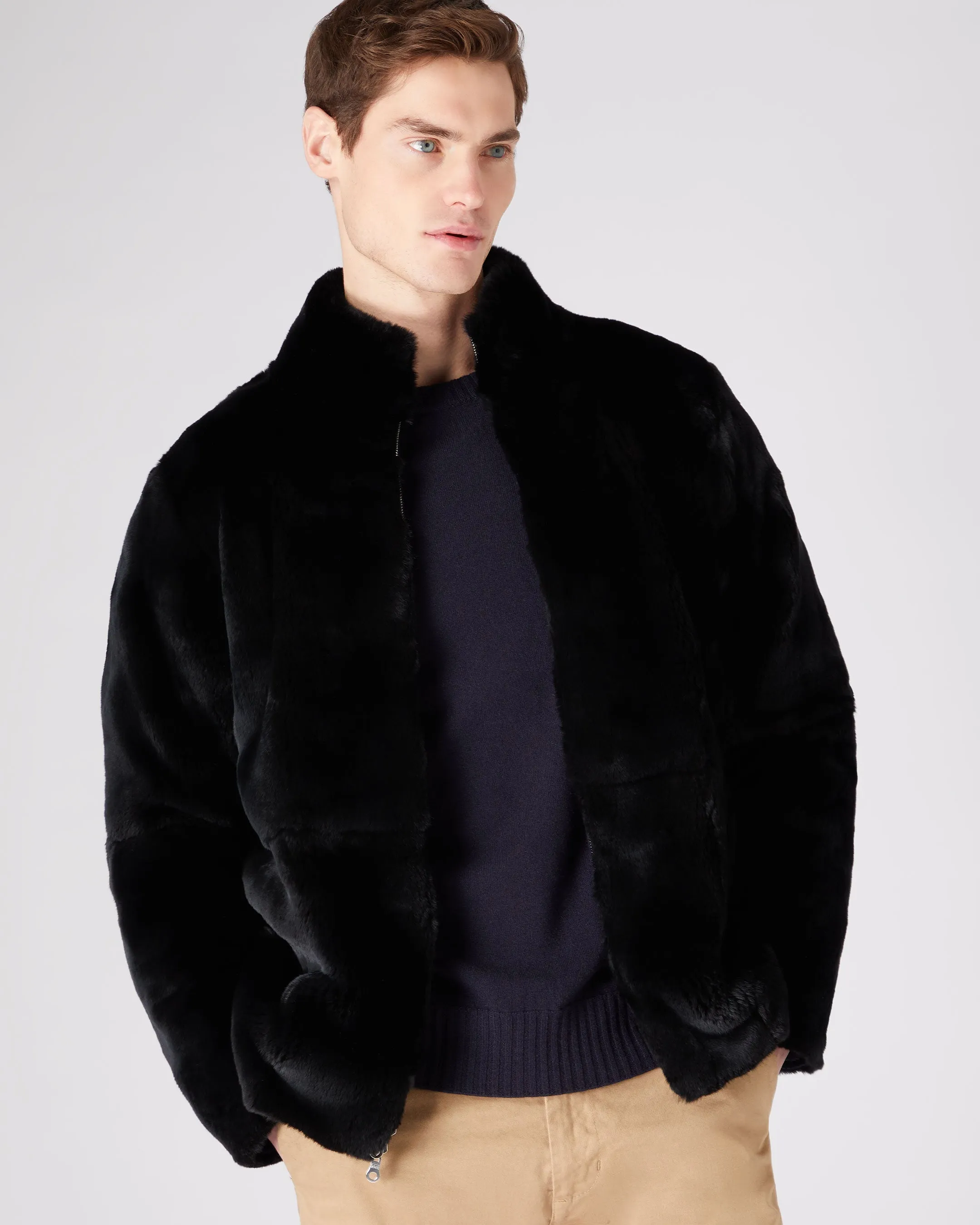 Men's Aspen Cashmere Cable Fur Cardigan Navy Blue