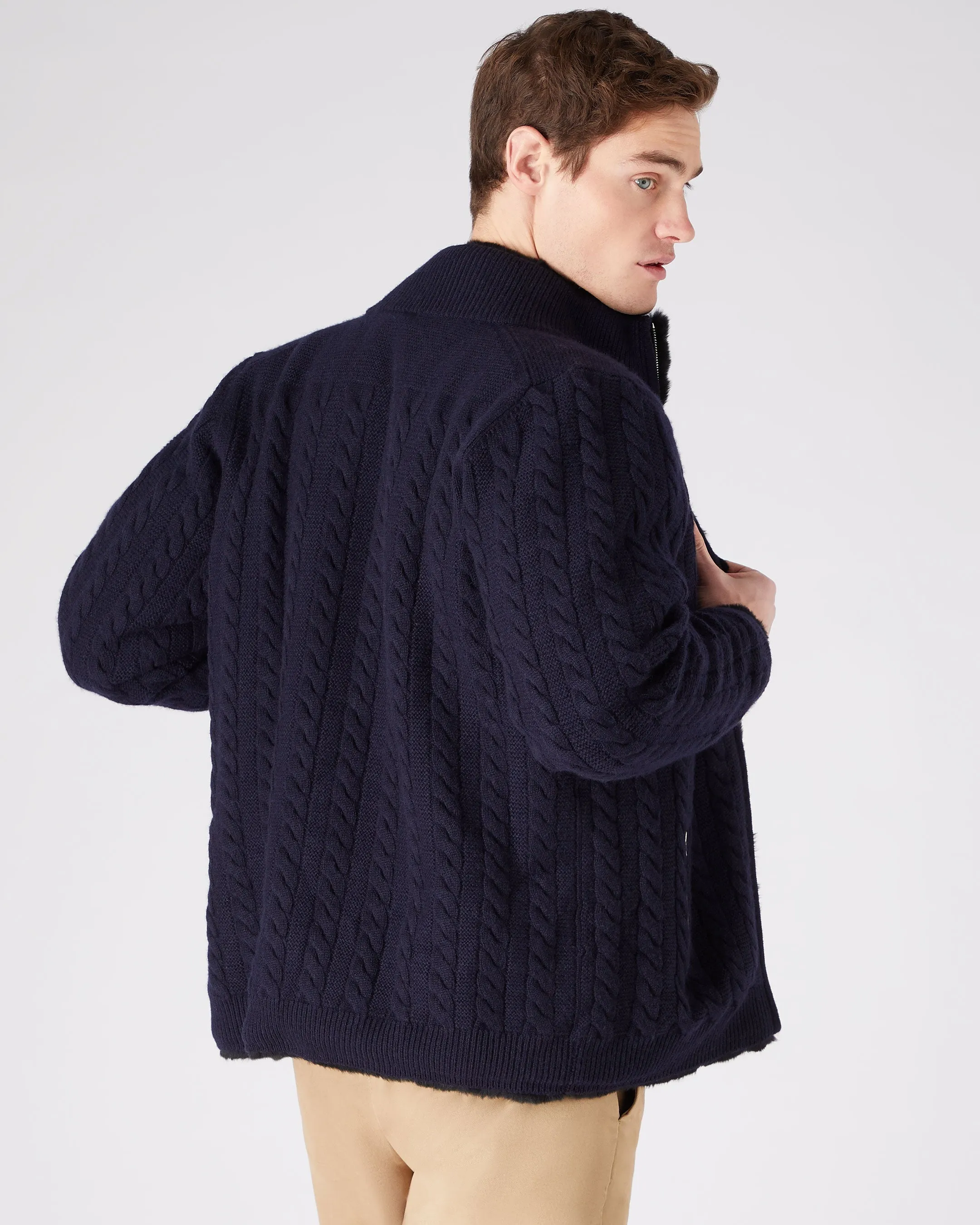 Men's Aspen Cashmere Cable Fur Cardigan Navy Blue