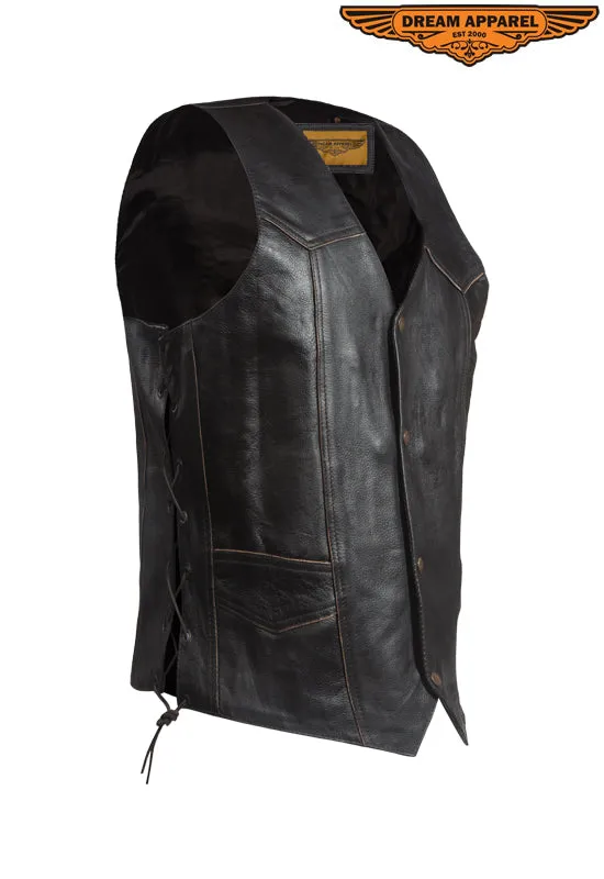 Mens Retro Black Leather Motorcycle Vest