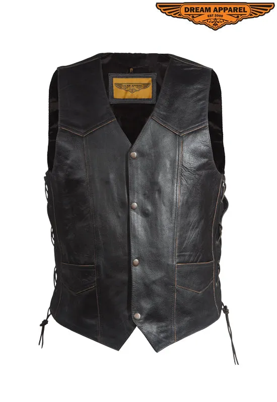 Mens Retro Black Leather Motorcycle Vest