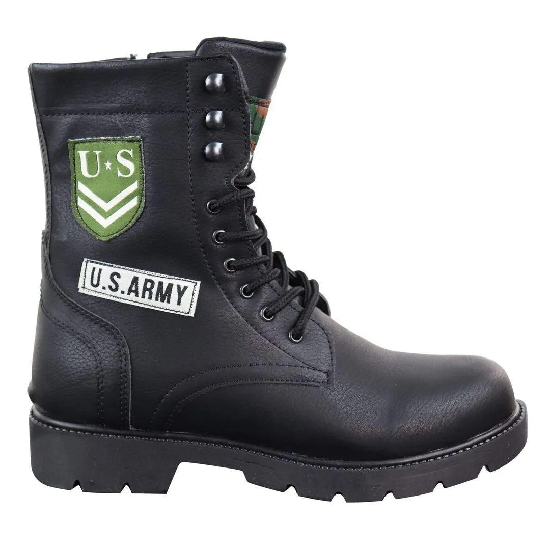 Mens US Military Army Laced Zip Ankle Boots Casual Combat Hiking PU Leather