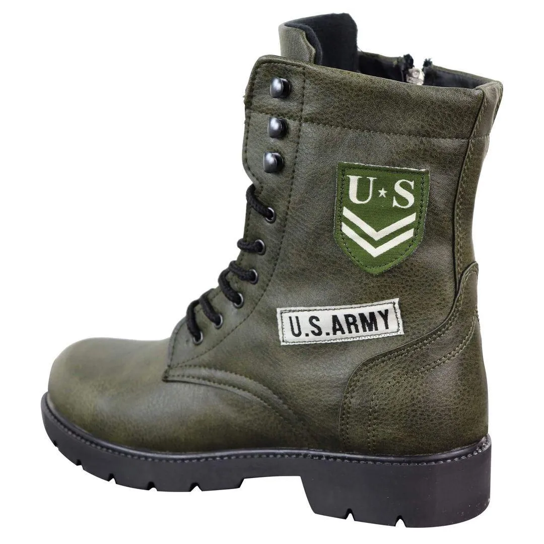 Mens US Military Army Laced Zip Ankle Boots Casual Combat Hiking PU Leather