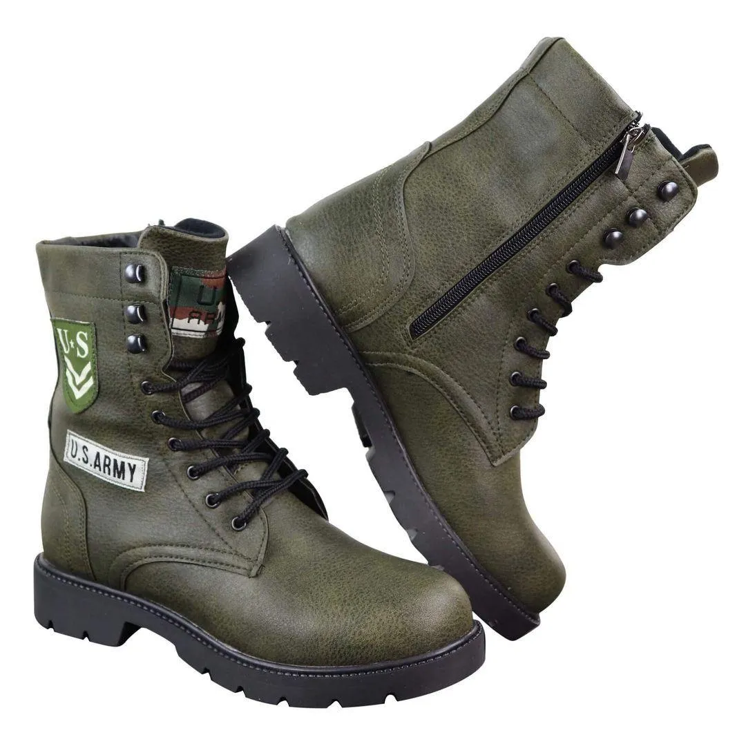 Mens US Military Army Laced Zip Ankle Boots Casual Combat Hiking PU Leather