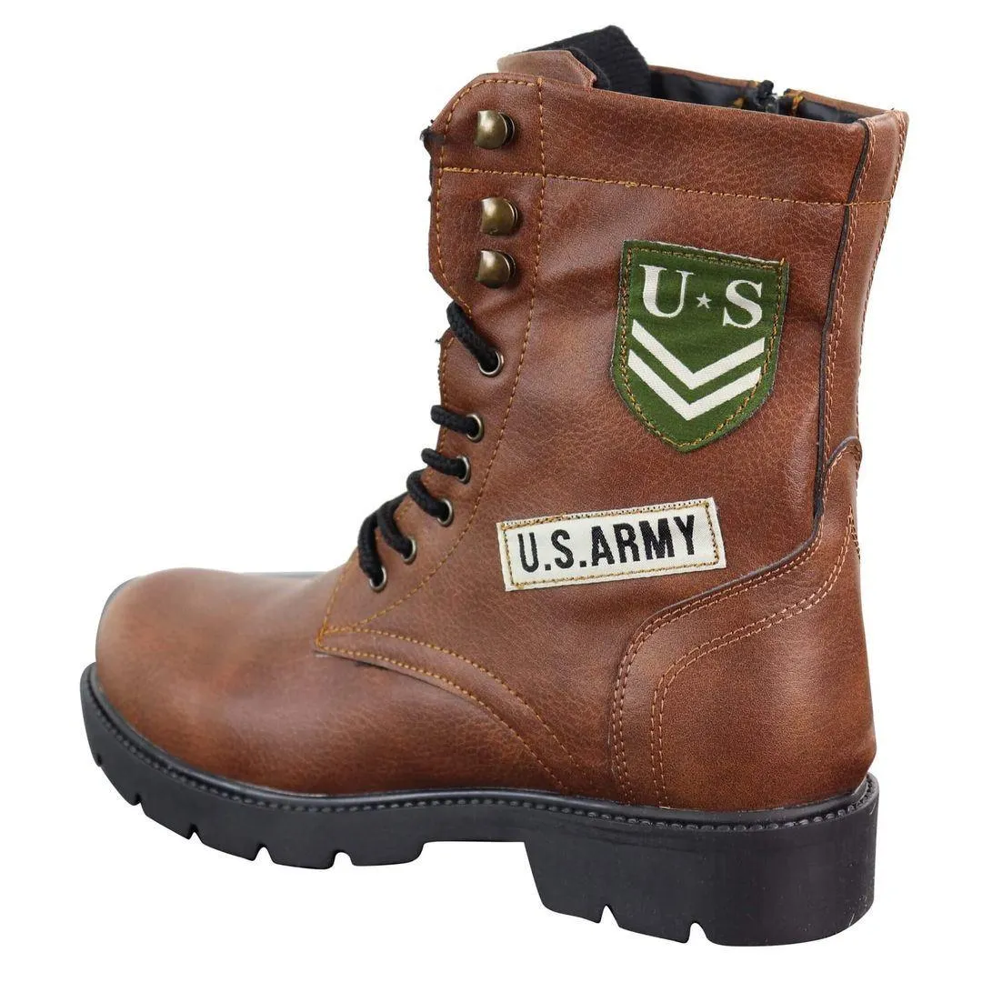 Mens US Military Army Laced Zip Ankle Boots Casual Combat Hiking PU Leather