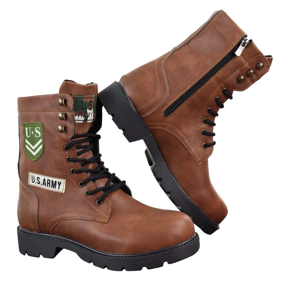 Mens US Military Army Laced Zip Ankle Boots Casual Combat Hiking PU Leather