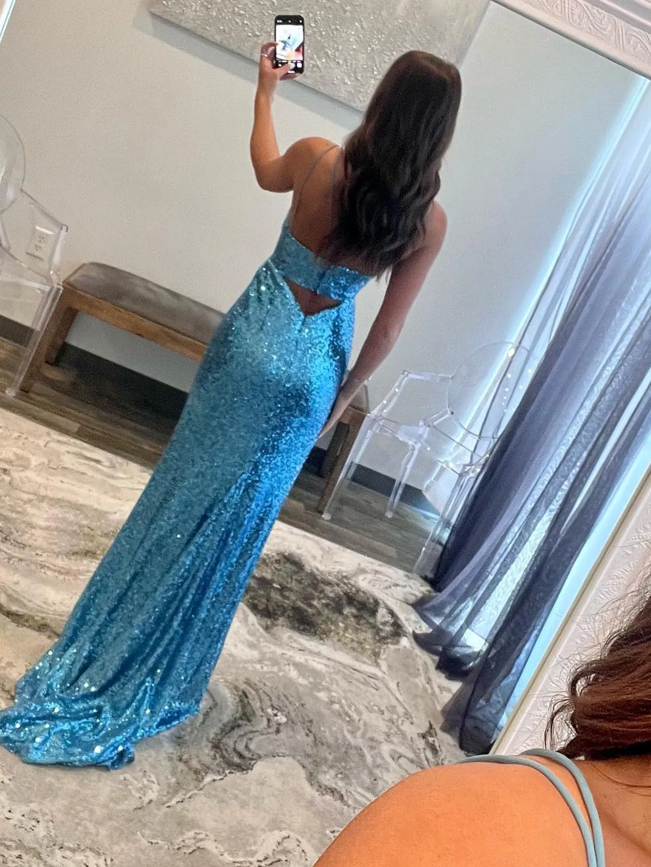 Mermaid V Neck Cutout Blue Long Prom Dress