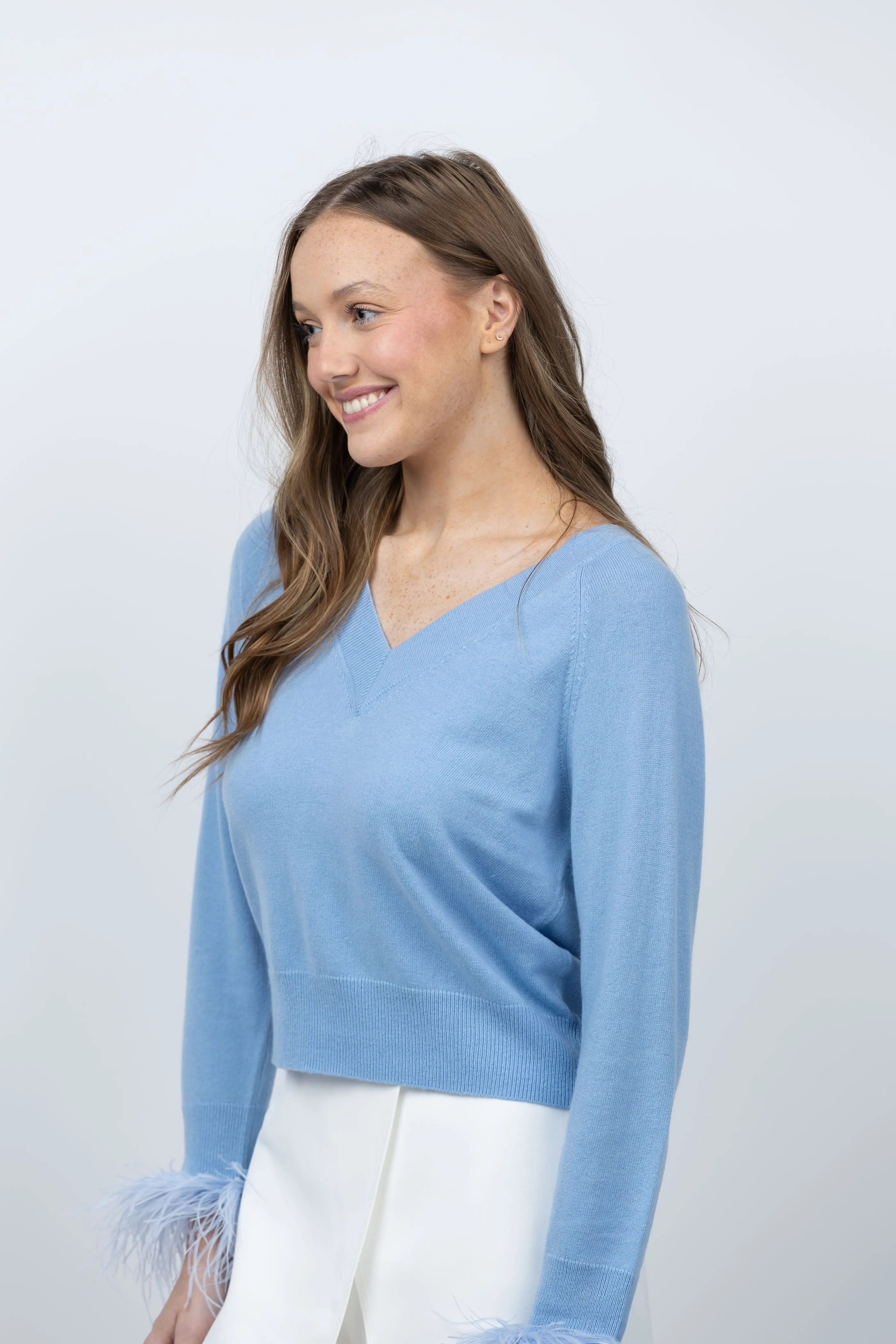 Milly Feather Cuff Sweater in Ice Blue