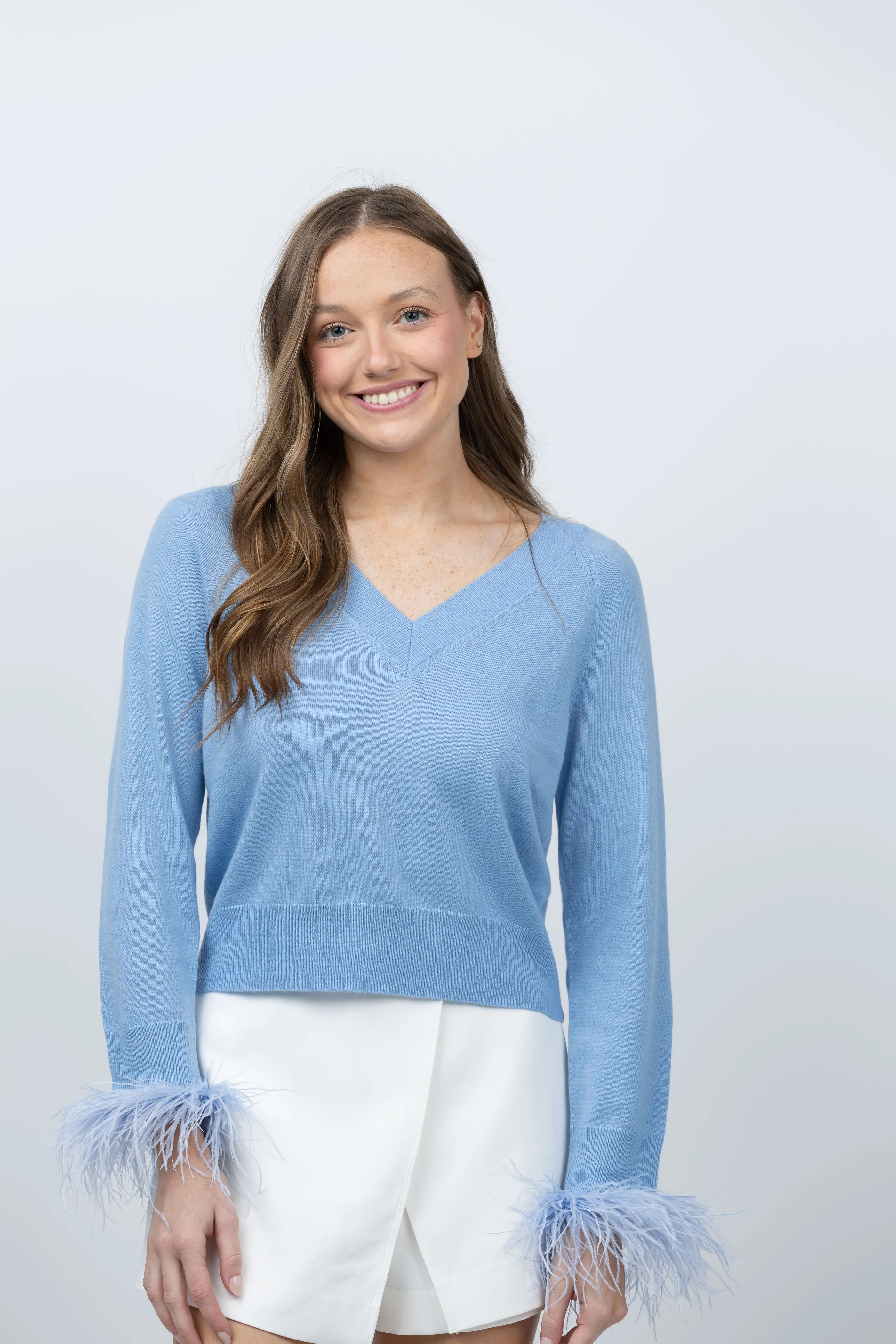 Milly Feather Cuff Sweater in Ice Blue