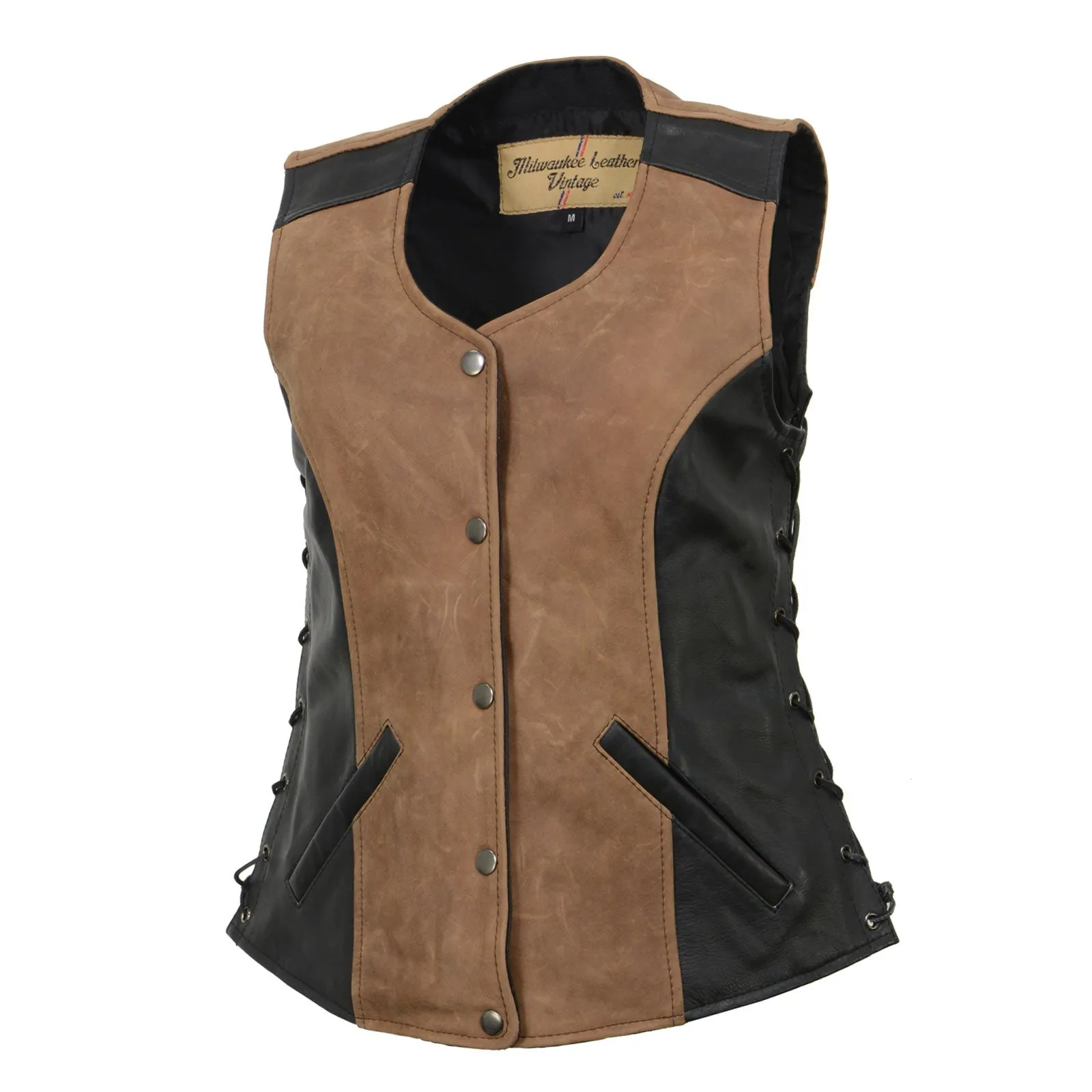 Milwaukee Leather MLL4508 Women's 'Trickster' Vintage Two Tone Crazy Horse Brown and Black Leather Club Style Motorcycle Vest