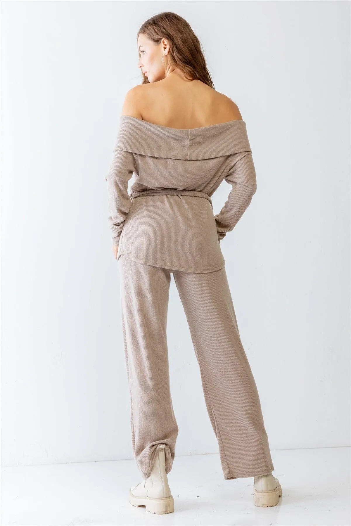 Mocha Ribbed Soft To Touch Off-The-Shoulder Belted Top & Two Pocket High Waist Pants Set S-M-L/1-2-2