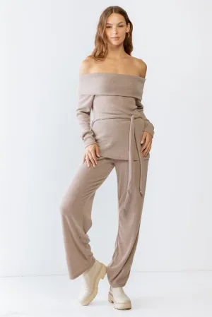 Mocha Ribbed Soft To Touch Off-The-Shoulder Belted Top & Two Pocket High Waist Pants Set S-M-L/1-2-2